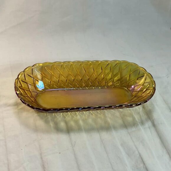 VTG MARIGOLD CARNIVAL GLASS LONG OVAL DISH IRIDESCENT GOLD AMBER Read Descriptio - Picture 1 of 9